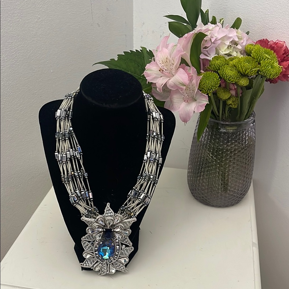 Silver and Blue Mukti-Strand Crystal Statement Necklace